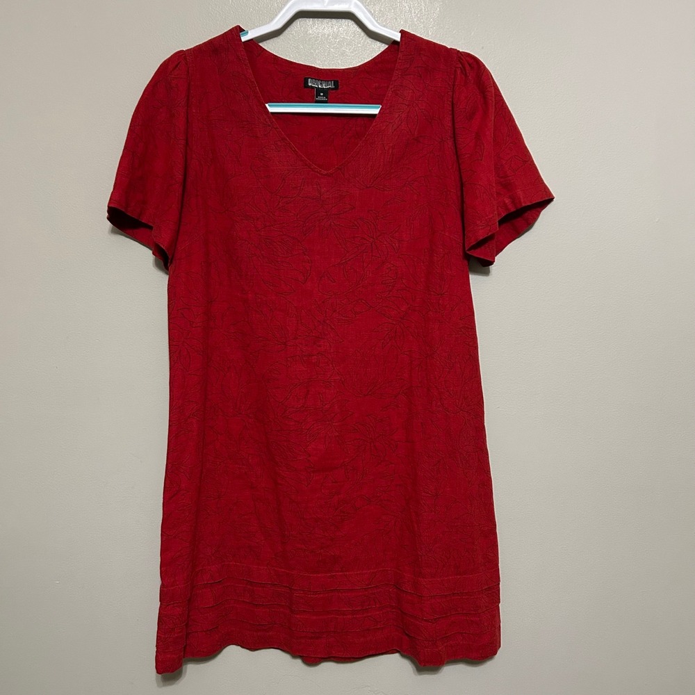 Nicole Miller Dress‎ M Red Linen Blend Floral V Neck Tiered Hem Lagenlook Boho